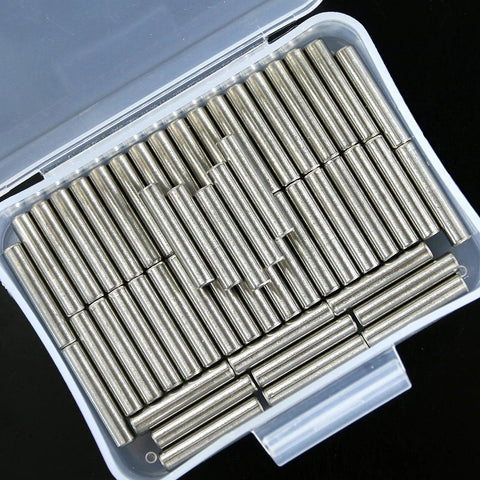 Stainless Steel Shelf Pins 5mm by 25mm 50 Piece Set Polished Nickel Dowel Pins for fixing components in cabinets and shelves.
