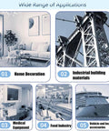 Collage of applications for 6mm X 50mm Stainless Shelf Pins in home decor, industrial, medical, food, and vehicle industries.