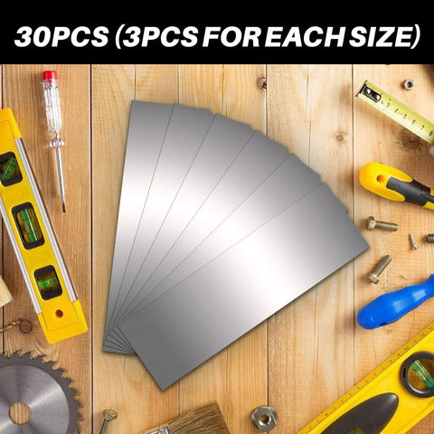 Precision Stainless Steel Shim Stock Assortment 30 Piece Set displayed with tools for engineering adjustments