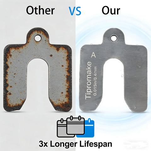 Comparison of rusted shim and new 304 stainless steel shim from 80 Piece 2 By 2 Inch Shim Stock Set With Storage Box, 3x longer lifespan