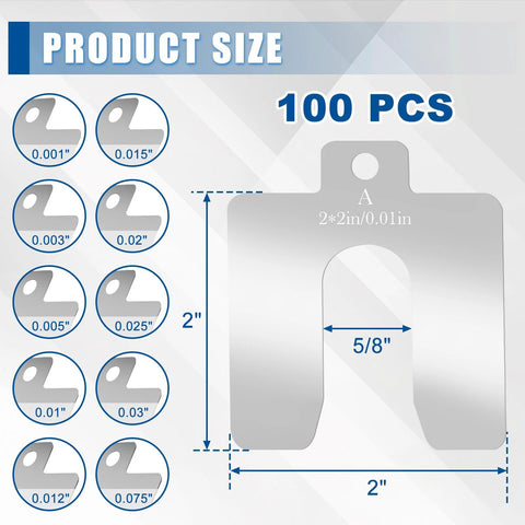 Diagram showing Premium Pro Grade Stainless Steel Shim Kit With 100 Slotted Shims In 2x2 Inch Size A for precise alignment.