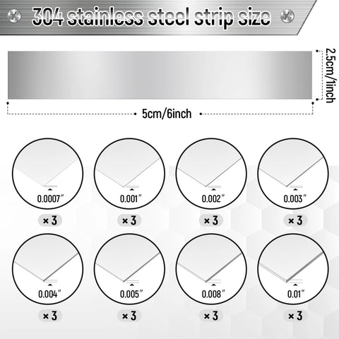 Sturdy 24 Piece 304 Stainless Steel Shim Stock Kit diagram showing 1 by 6 inch strips with various thickness sizes for precise DIY projects.
