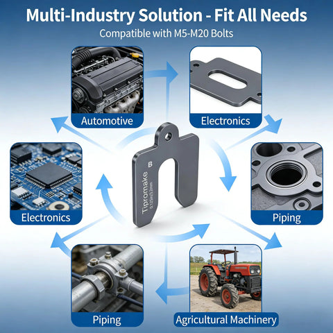 Multi-industry application diagram for 130-Piece 3-Inch By 3-Inch Slotted Stainless Steel Shim Set With Durable Storage Box.