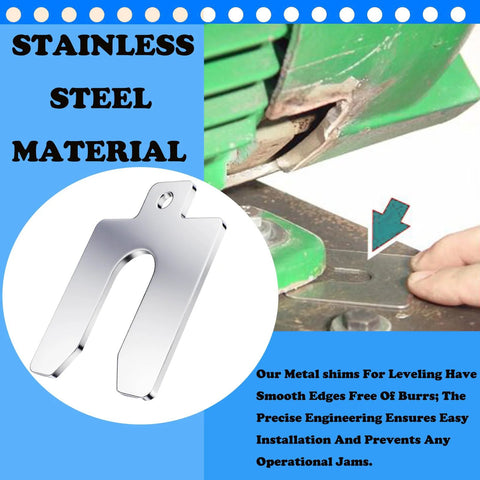 40 Piece 304 Stainless Steel Slotted Shim Kit With 8 Different Thicknesses And 5 Pieces Each 2 Inch By 2 Inch Spacers Laser Cut Precision Rust Resistant Durable Steel Shims In Sturdy Storage Box For Auto Machinery And Cabinet Work For Pros And DIYers with close-up of shim.
