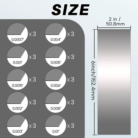 Diagram of Precision Stainless Steel Shim Stock Assortment 30 Piece Set 2 Inch Width By 6 Inch Length with thickness labels.