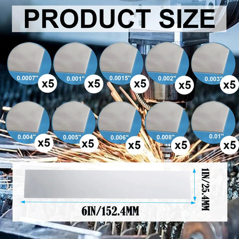 Diagram showing Shim Stock Assortment Set 50 Pieces 304 Stainless Steel Metal Shims 1 Inch Wide by 6 Inches Long with 10 Thicknesses