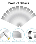 50-Piece 304 Stainless Steel Shim Stock Assortment, metal strips arranged in fan shape with icons showing processing and flexibility.