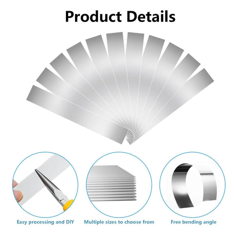 50-Piece 304 Stainless Steel Shim Stock Assortment, metal strips arranged in fan shape with icons showing processing and flexibility.