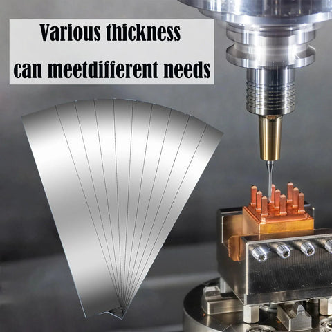 Shim Stock Assortment Set 50 Pieces 304 Stainless Steel Metal Shims 1 Inch Wide by 6 Inches Long used in precision machinery setup.