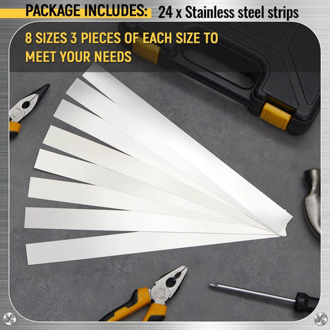 24 Pcs 304 Stainless Steel Shim Stock Assortment With Eight Thickness Sizes displayed with tools for home improvement projects.