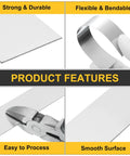 Four images showing features of Eight Pack 304 Stainless Steel Shim Stock Strips 0.8mm Thick, highlighting flexibility and smooth surface.