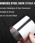 12 Piece Stainless Steel Shim Stock Kit 2.5 x 6 Inch For Leveling And Spacing shown being bent by hand