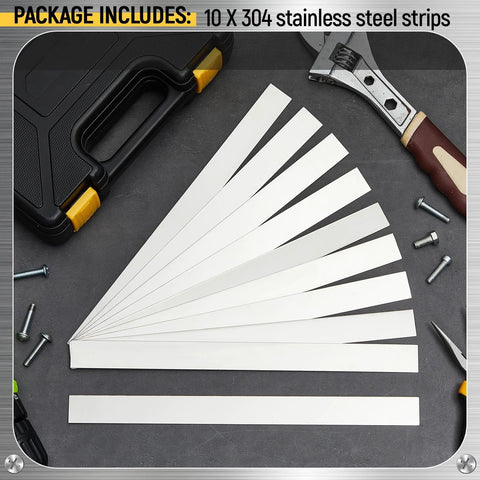 10 pcs Stainless Steel Shim Stock 0.02 Inch Thickness 1 Inch Wide for gap filling, shown with tools in package