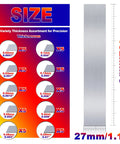 Stainless Steel Shim Stock Set Of 50 Pcs 0.001 To 0.01 Inch Thickness 1 By 6 Inch Shims with size chart showing 10 thicknesses