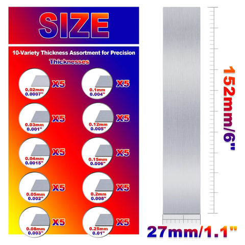 Stainless Steel Shim Stock Set Of 50 Pcs 0.001 To 0.01 Inch Thickness 1 By 6 Inch Shims with size chart showing 10 thicknesses
