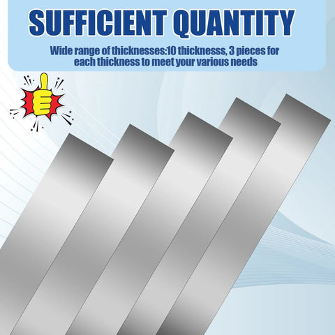 30 Piece Pro Grade Shim Stock Assortment In 304 Stainless Steel Strips 1 Inch Wide By 6 Inch Long Thicknesses From 0.0007 To 0.01 Inch Across Ten Sizes