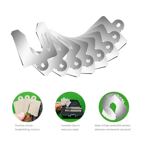 80 Piece 2 By 2 Inch Shim Stock Set With Storage Box, 304 Stainless Steel Slotted Shims with eight thicknesses displayed