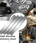 Pro Grade 304 Stainless Steel Brushed Strips Set Of 10 for DIY Kitchen Craft Projects with multiple use scenarios depicted
