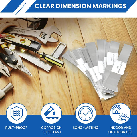 Shim Stock Assortment Kit MILYARD, 20 Pcs 304 Stainless Steel Shims, spread on wooden surface with tools, 1 in W x 6 in L for leveling and finishing