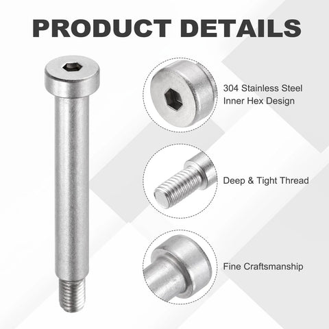Heavy Duty 2 Pack 304 Stainless Steel Shoulder Bolts With 10mm Shoulder Diameter And 70mm Shoulder Length M8 x 1.25 Thread Hex Socket Bolts For Hydraulic Injection Molding Machinery Industrial Applications For All Industrial Settings showing hex socket design