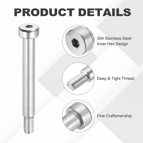 Detailed view of 4 Pack 304 Stainless Steel Shoulder Bolts with 6mm shoulder diameter and 40mm length, hex design and fine craftsmanship