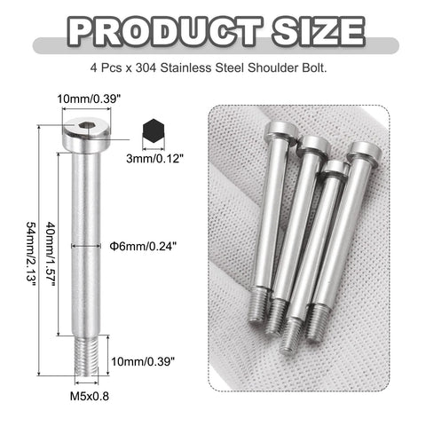 4 Pack 304 Stainless Steel Shoulder Bolts With 6mm Shoulder Diameter And 40mm Shoulder Length M5x0.8 Thread Hex Socket Heavy Duty