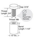 Diagram of Sign Standoffs 1/2 In Diameter 1-1/2 In Barrel Brushed For PVC Glass And Acrylic Panels 4 Pack With Screws And Anchors