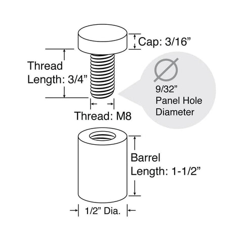 Diagram of Sign Standoffs 1/2 In Diameter 1-1/2 In Barrel Brushed For PVC Glass And Acrylic Panels 4 Pack With Screws And Anchors