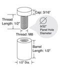 Technical diagram of Brushed Stainless Steel Sign Standoffs 1/2 Inch Diameter 1/2 Inch Barrel Length with detailed measurements.