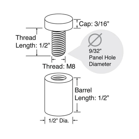 Technical diagram of Brushed Stainless Steel Sign Standoffs 1/2 Inch Diameter 1/2 Inch Barrel Length with detailed measurements.