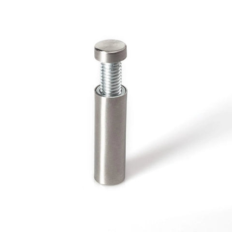 Stainless Steel Sign Standoff Set One Half Inch Diameter And One Half Inch Barrel Length Brushed Finish For PVC Glass And Acrylic Sign Mounts Includes Flat Head Screws And Drywall Anchors Ideal For Indoor Commercial Displays Pack Of Twenty, close-up view