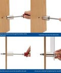 Installation steps of 1/2 inch diameter brushed stainless steel sign standoffs showing screw insertion and securing with anchors