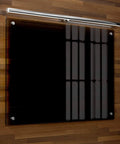 Glass sign mounted with Sign Standoff Screws Pack Of 8 For Glass Or Acrylic Signs Stainless Steel Wall Mount Spacers, wood background.