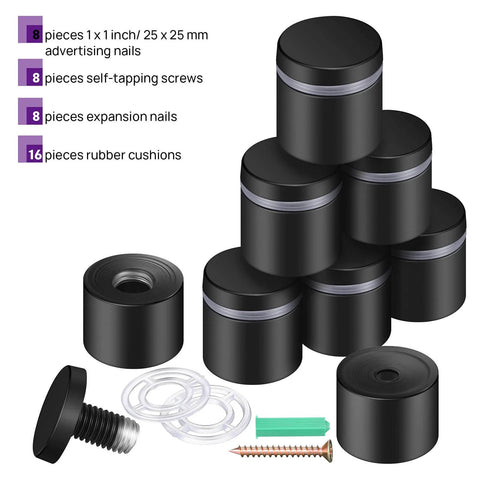 8 Piece Stainless Steel Standoff Screws Set for Sign Mounting Wall Hardware 1x1 Inch with self-tapping screws and rubber cushions