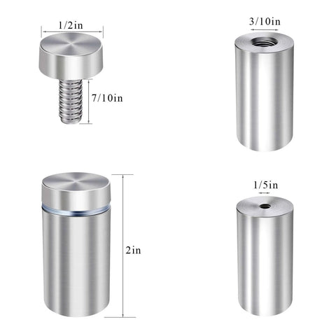Half Inch Diameter Two Inch Stainless Steel Sign Standoffs Screws For Acrylic Wall Mounts 16 Pack showing different dimensions