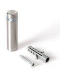 Stainless Steel Sign Standoff Set One Half Inch Diameter And One Half Inch Barrel Length Brushed Finish For PVC Glass And Acrylic Sign Mounts Includes Flat Head Screws And Drywall Anchors Ideal For Indoor Commercial Displays Pack Of Twenty close-up view showing components