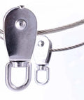 Close-up of 2-Pack M15 Single Pulley Block Stainless Steel Heavy Duty Hardware with wire rope in use