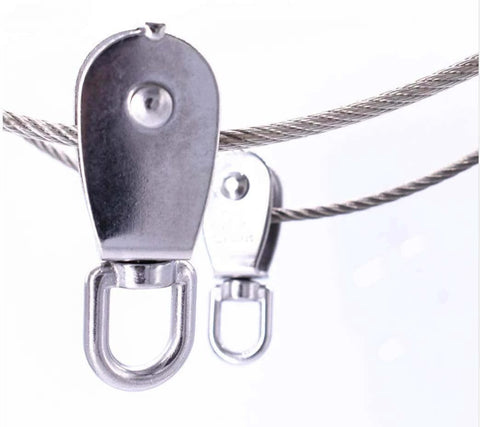 Close-up of 2-Pack M15 Single Pulley Block Stainless Steel Heavy Duty Hardware with wire rope in use