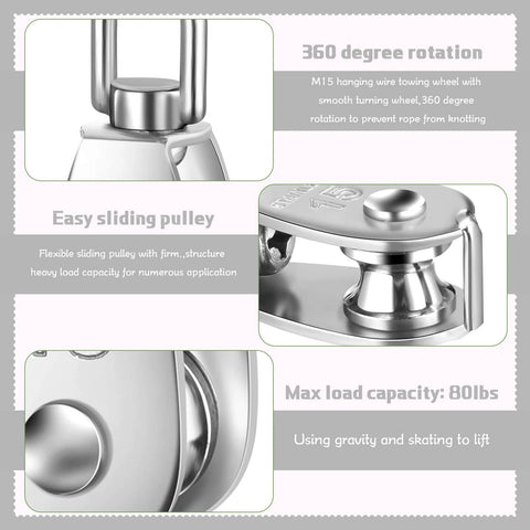 Close-up details of the 30 Pcs Single Pulley Block System 304 Stainless Steel Pulley Wheel Hanging Wire Towing Wheel, Silver (M15) with text annotations.