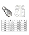 2-Pack 304 Stainless Single Sheave Open Block Pulley 32mm for Canoe Marine Boat Hardware with size chart.