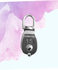 Front view of 35kg Stainless Steel Pulley Single Sheaved Capacity Movable Pulley Block Wheel Swivel with '15' engraved.
