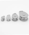 Four 35kg Stainless Steel Pulley Single Sheaved Capacity Movable Pulley Block Wheel Swivels in different sizes on white background