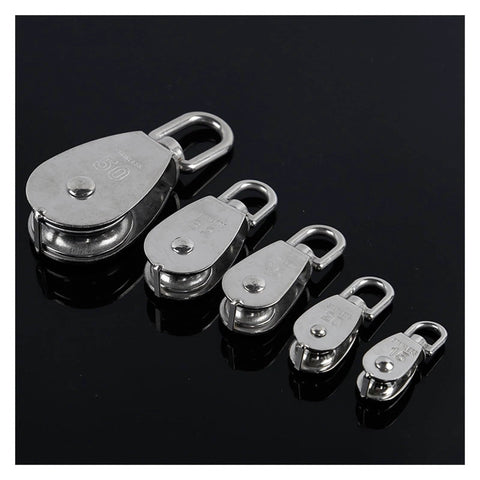 Set of five Stainless Steel Pulley M25 Single Wheel Swivel Lifting Rope Pulley Set Lifting Wheel Tools on black background