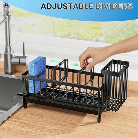 Compact rustproof 304 stainless steel sink caddy with rotatable spout and tall brush holder on kitchen counter with sponges.
