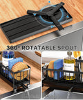 Compact rustproof 304 stainless steel sink caddy with a rotatable spout directing water away from kitchen counter surfaces.