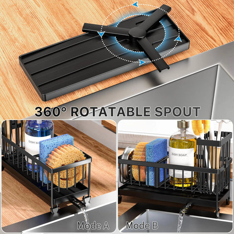 Compact rustproof 304 stainless steel sink caddy with a rotatable spout directing water away from kitchen counter surfaces.