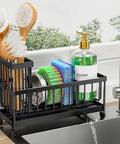 Compact rustproof 304 stainless steel sink caddy with a rotatable spout and tall brush holder on a kitchen counter