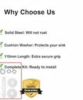 Heavy Duty Stainless Steel Sink Mounting Kit For Wall Mounted Pedestal Sinks With Expansion Plugs And Rubber Washers Corrosion Resistant 304 Stainless Steel Bathroom Hardware To Stop Wobble And Secure Your Wash Basin with product details and components shown in image, including washers and screws displayed.