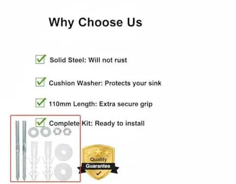 Heavy Duty Stainless Steel Sink Mounting Kit For Wall Mounted Pedestal Sinks With Expansion Plugs And Rubber Washers Corrosion Resistant 304 Stainless Steel Bathroom Hardware To Stop Wobble And Secure Your Wash Basin with product details and components shown in image, including washers and screws displayed.