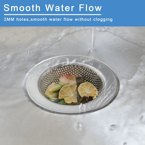 Two Pack Stainless Steel Sink Strainers For Most Kitchen Drain Baskets 4.5 Inch Outer Diameter installed in sink with food debris.